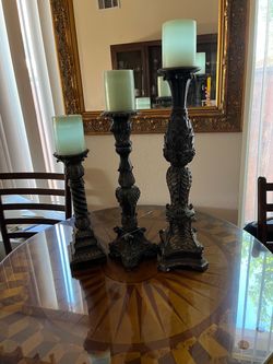 Set of 3 Black Ornate Pillar Candleholders