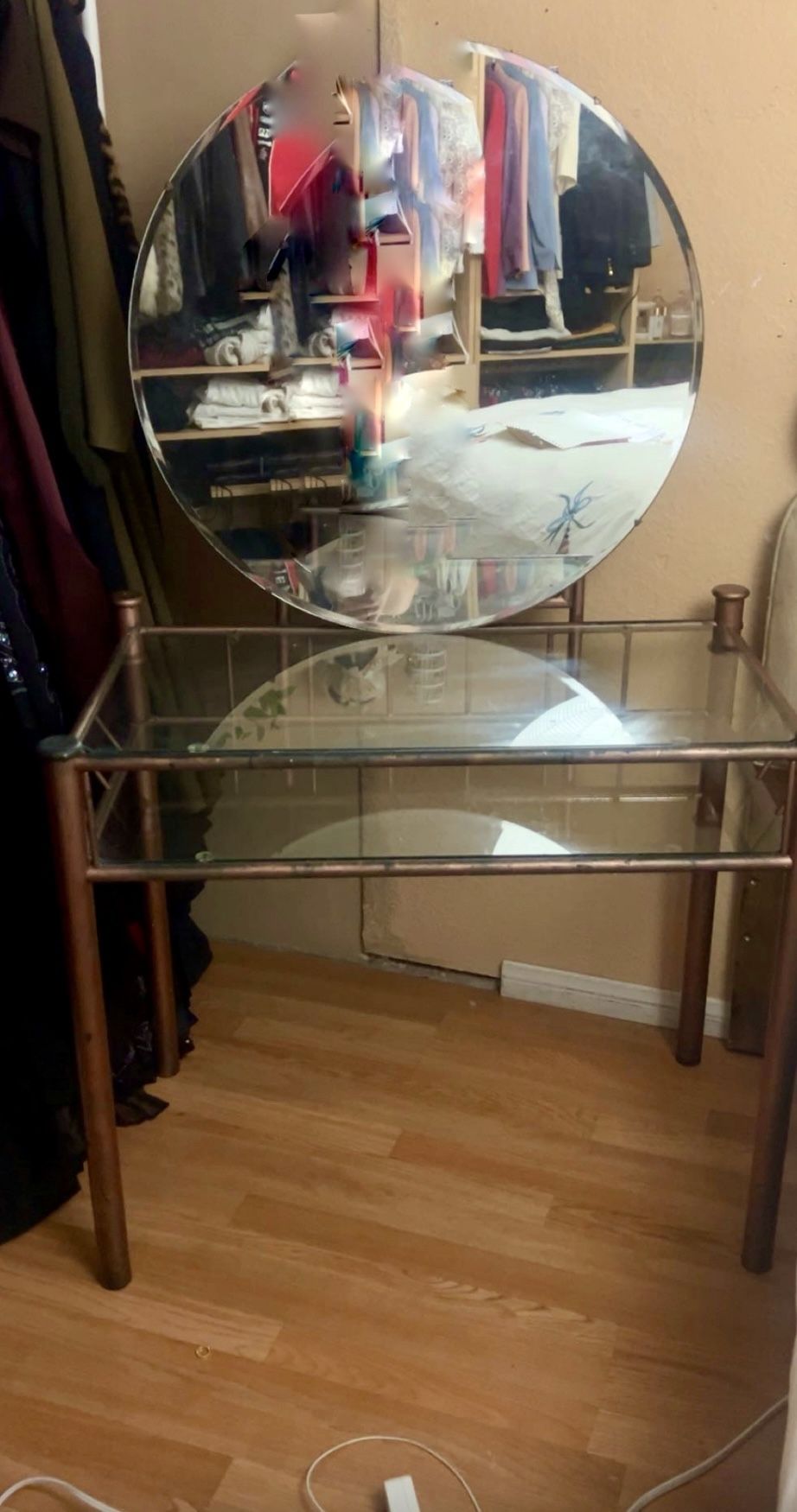 Glass Vanity Table with Round Mirror – Modern & Elegant