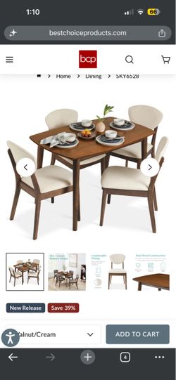 5 - Piece Wooden Mid-Century Modern Dining Set w/ 4 Chairs, Padded Seat & Back