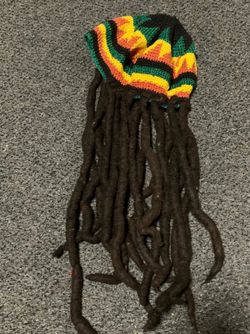 Rasta multicolored knit beanie hat Jamaican Reggae Bob Marley Style Long Dreadlocks Halloween adult size Wig