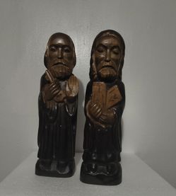 VINTAGE HAND CARVED WOOD MONK STATUE 13"×4"