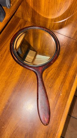Antique Wooden Hand Held Beveled Mirror