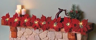 Holiday Christmas Lighted Red Burlap Poinsettia Garland NEW in BOX!