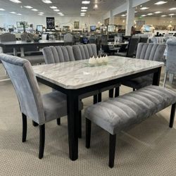 NEW FAUX MARBLE DINING TABLE WITH CHAIRS AND BENCH