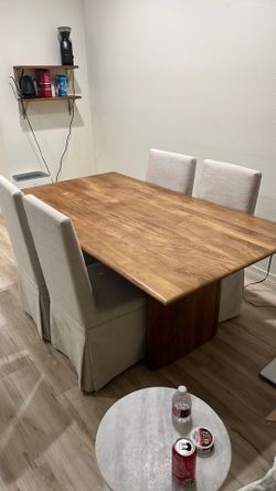 West Elm Anton Solid Wood Dining Table 72” + designer Parsons chairs