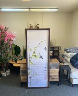 Bamboo, birds, long vertical Chinese traditional meticulous painting print, retro style extra tall silk hanging scroll, entrance wall art 71"x 27 1/2"