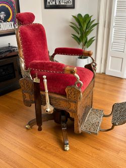 Rare Antique Restored Koken Hydraulic Wood & Velvet Barber Chair