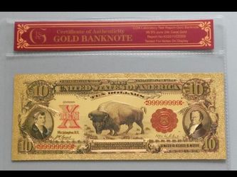 1901 Certificate "Bison" Banknote 24K Gold-Foil W/ Protective Holder & COA