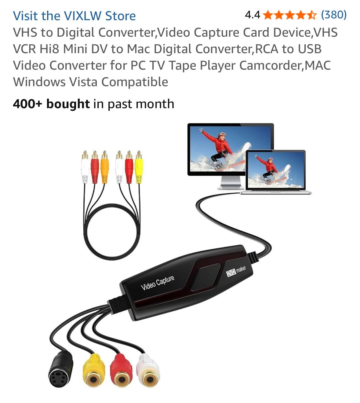 VHS to Digital Converter,Video Capture Card Device,VHS VCR Hi8 Mini DV to Mac Digital Converter,RCA to USB Video Converter for PC TV Tape Player Camco