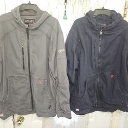 2 LIKE NEW ARIAT FR IRON GRAY AND NAVY BLUE HOODIE JACKETS SIZE XL REGULAR 