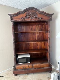 Large Carved Wood Bookcase with Drawers