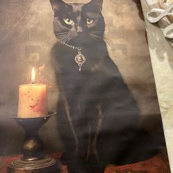 23 1/2  X 16 Black Cat With Candle Halloween Picture Really Cute 