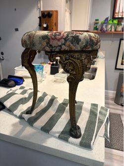 Vintage Ornate Cast Metal Vanity Stool Floral Tapestry Accent Chair