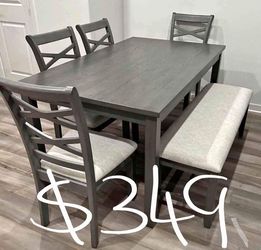 Solid wood dining table set with 4 chairs and bench