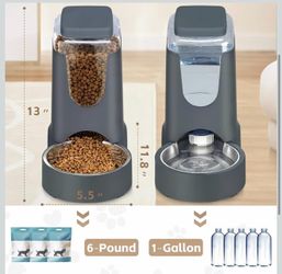 Automatic Cat/Dog Feeder and Water Dispenser with Stainless Steel Bowl Dog Gravity Food Feeder and Waterer for Small Medium Pets Dog/Cat 1 Gallon x 2