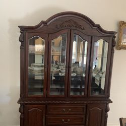 Two-Piece Vintage Wood China Cabinet With Royal Albert China