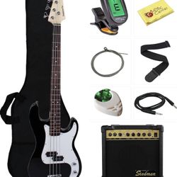 Stedman Beginner Series Bass Guitar Bundle with 15-Watt Amp, Gig Bag, Instrument Cable, Strap, Strings, Picks, and Polishing Cloth - Black