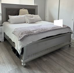 Silver Bed Frame with Tufted Upholstered Headboard