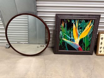 Round Wall Mirror with Wood Frame and Bird of Paradise picture