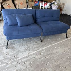 Blue Small Couch Makes Into A Futon 
