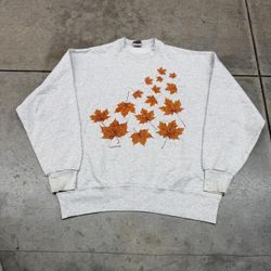 vintage autumn leaves fall grey made in usa nature crewneck size xl