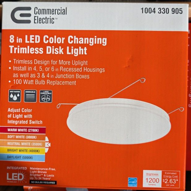 Commercial Electric 8 in. Integrated LED White Retrofit Trimless Disk Dimmable Recessed Light
