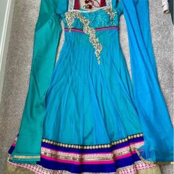 Blue/Turquoise Anarkali Dress, Pants and Dupatta