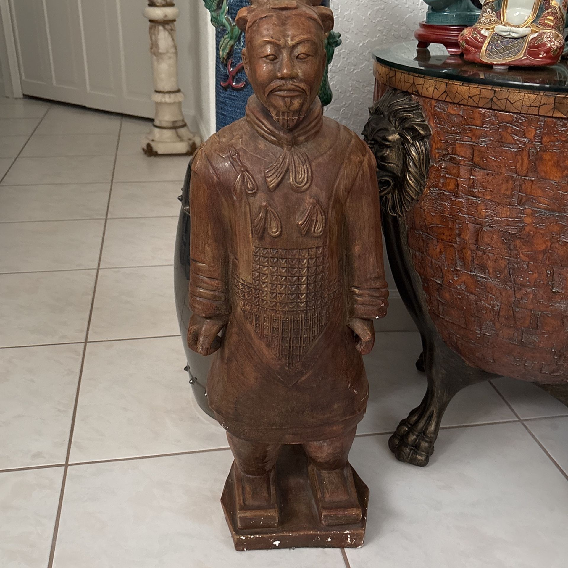 31” Beautiful, Emperor Soldier Floor Garden Statue. Vintage Asian Chinese Chinoiserie Warrior Wiseman Confucius Nobleman! Terracotta Pottery