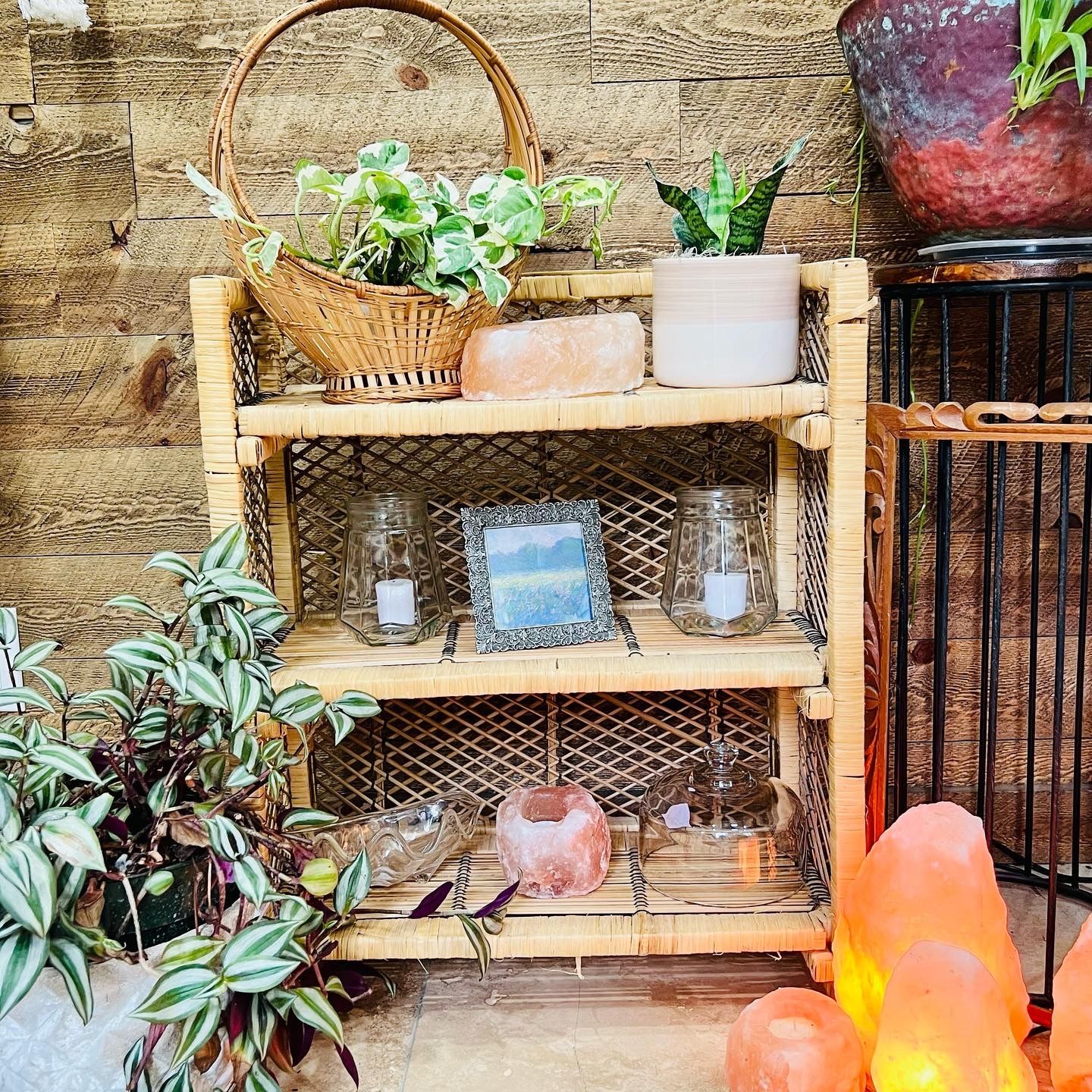 Boho Wicker Woven Plant Stand Bookshelf 3 Shelf Lightweight Fold Up