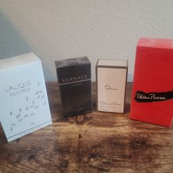 Set Of 4 Perfumes Bottle New Seal Versace, Oscar, Lalique, Picasso New Seal