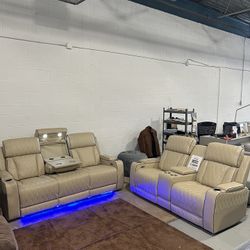 Brand New Leather Sofa And Loveseat Recliner Set With LED And Wireless Charger