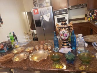 Depression and carnival glass. Make offer. Will sell all or sets. The big vase is for sale too