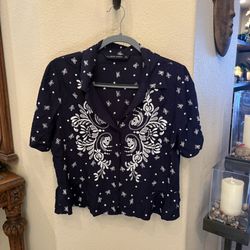 Zara Women Navy Embroidered Button Short Sleeve Peplum Hem Shirt Size Small