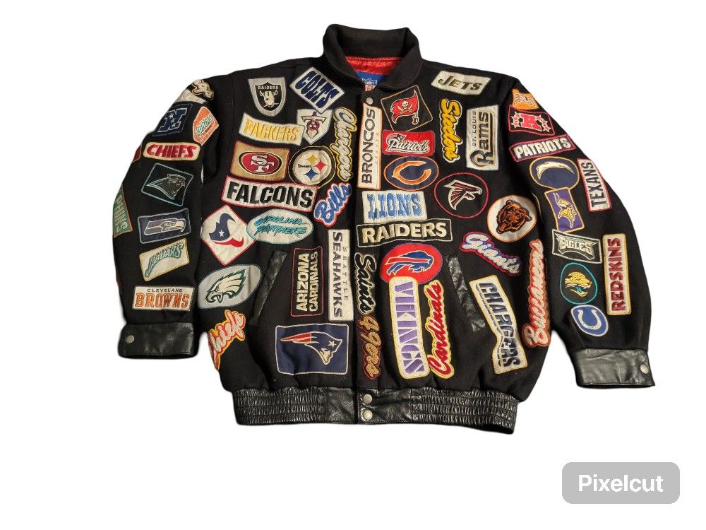 Vintage Reebok Jeff Hamilton NFL All Over Patch Wool Jacket *Rare*