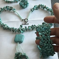 Hand Made Turquoise Set, 2 Bracelet , Necklace , Ring. Beautiful Set