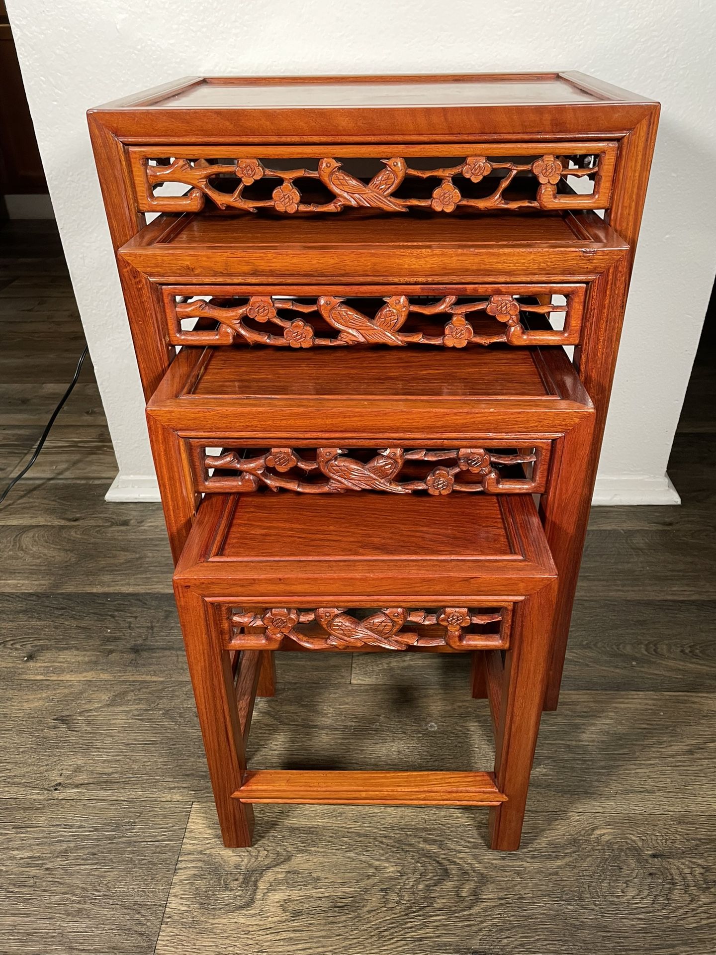 Set Of 4 Asian Chinese Chinoiserie Mid-Century Modern Carved Nesting Tables