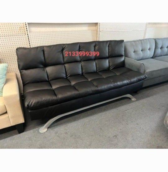 Black Leather Futon Sofa Sleeper New 
