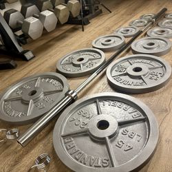  Full set of CAP Gray Olympic Weight Plates in NEW Condition & Brand NEW 6 ft Bar Steel Bar With Cooper Bearings [ Total 287 lbs].