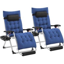 Zero Gravity Chair, Folding Reclining Lounge Recliner with Removable Pad & Headrest & Side Cup Holder Tray for Indoor and Outdoor Navy Blue/2