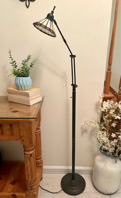 Like New: Metal Floor Task/Reading/Library Lamp with Tiffany Style Stained Glass Shade