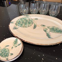 Turtle Themed Platter And Dishes