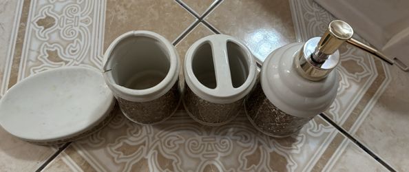 Gold and white bathroom set