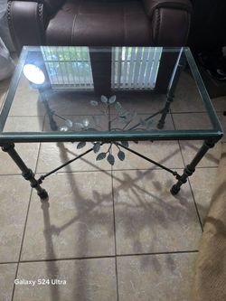 Glass Top Coffee Table with Iron Leaf Base