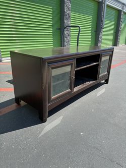 Dark Brown Wood TV Stand with Glass Doors
