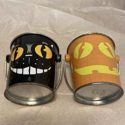 Vintage Halloween Buckets 2 mini pail Black Cat Jack O Lantern pumpkin face 90s