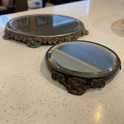 2 Antique ART NOVEAU PLATEAU BEVELED MIRROR TRAY Victorian Vanity Display10” And 6”