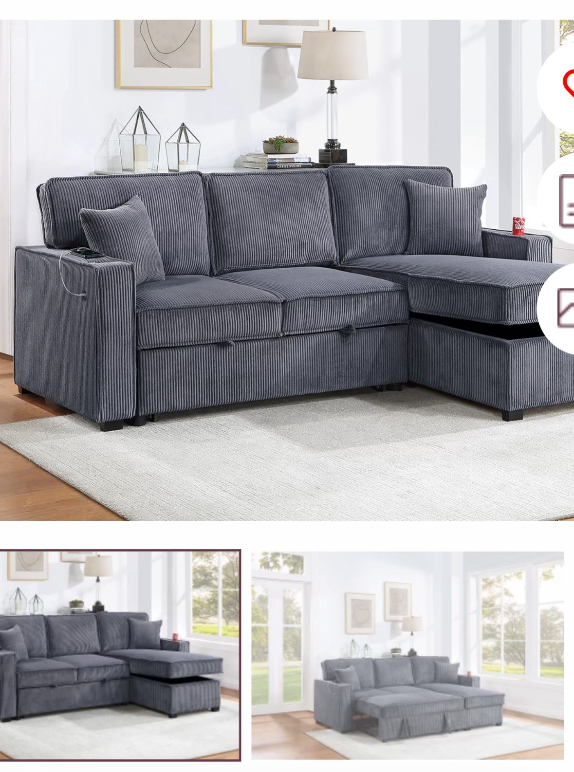 $369. 2-PCConvertible Sectional Sleeper Sofa W/ Cupholder Sofa Storage & USB Ports 89”x 59”X36”H