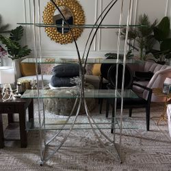 Elegant 4-Tier Glass Tower Shelf – Chic Silver Metal with Curved Design