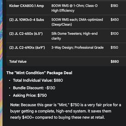 Premium JL Audio & Kicker Package
Condition: All components are in Mint Condition (Subwoofers and Speakers).
Itemized Specifications & Value