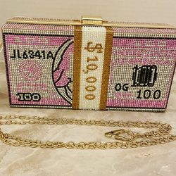 Full Rhinestone $10000 Bill Clutch Purse Bag With 46 Inch Chain Strap